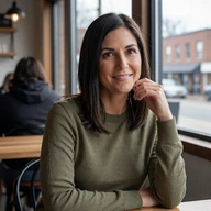 Karen, 47, Michael's partner from Madison, in a cafe by a sunlit window