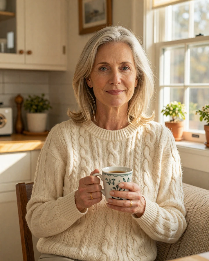 Eleanor, 56, a SendBerly member relaxing by a sunlit window after joining the safe dating site for seniors
