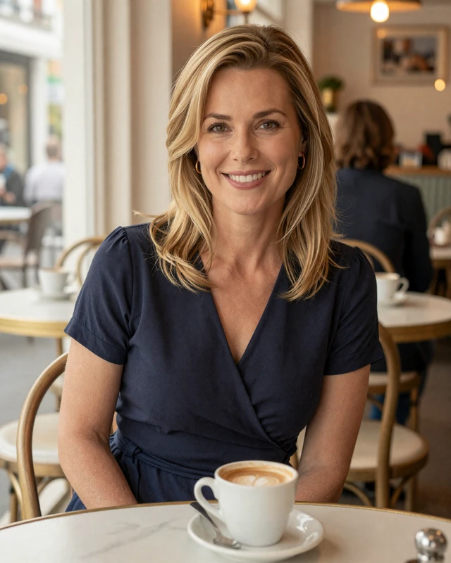 Linda, 53, at a cafe representing relaxed in-person meetings arranged through SendBerly