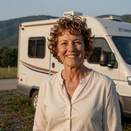 Susan, 61, Gary's partner from Knoxville, smiling beside their RV in the Smoky Mountains
