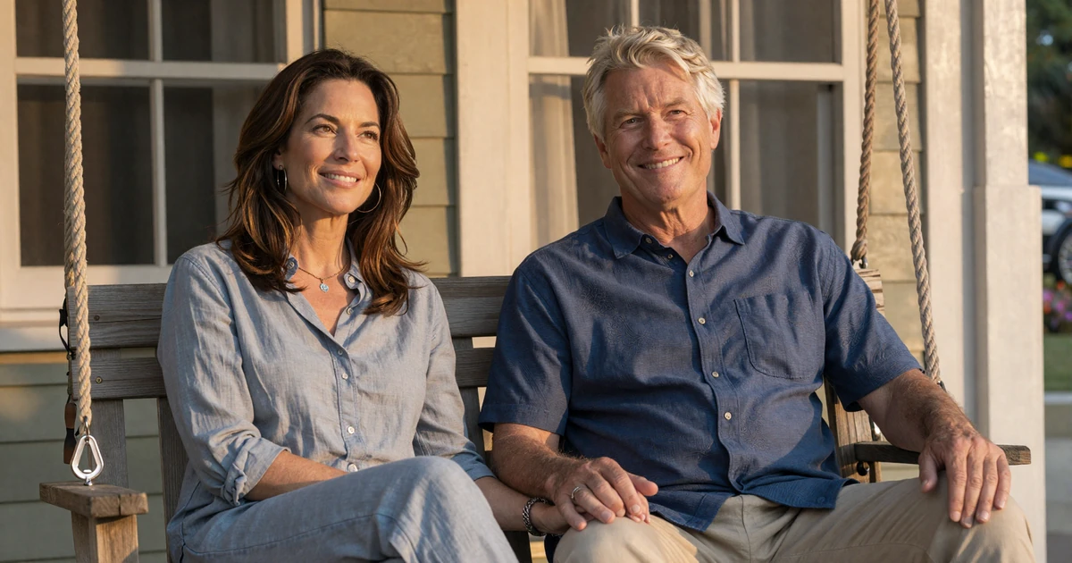 Daniel and Marlene, a SendBerly couple in their fifties, on a Charleston porch at golden hour