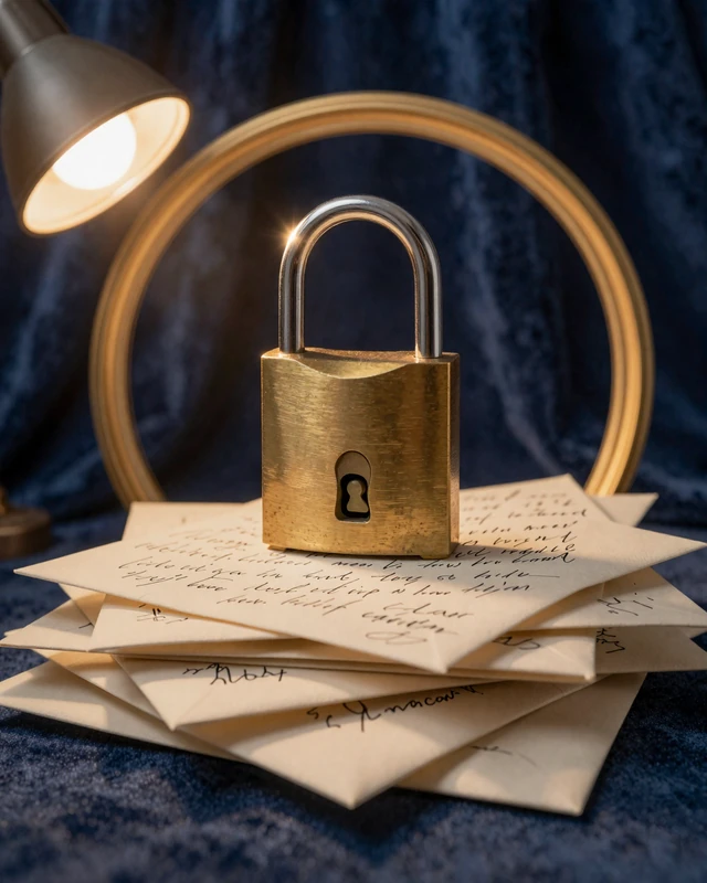 Brass padlock on handwritten letters with golden arc light, symbolizing SendBerly privacy practices for verified dating profiles