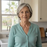 Janet, 59, Robert's partner from Boise, smiling in her sunlit kitchen