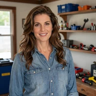 Diane, 49, Wayne's partner from Springfield, smiling in her workshop garage