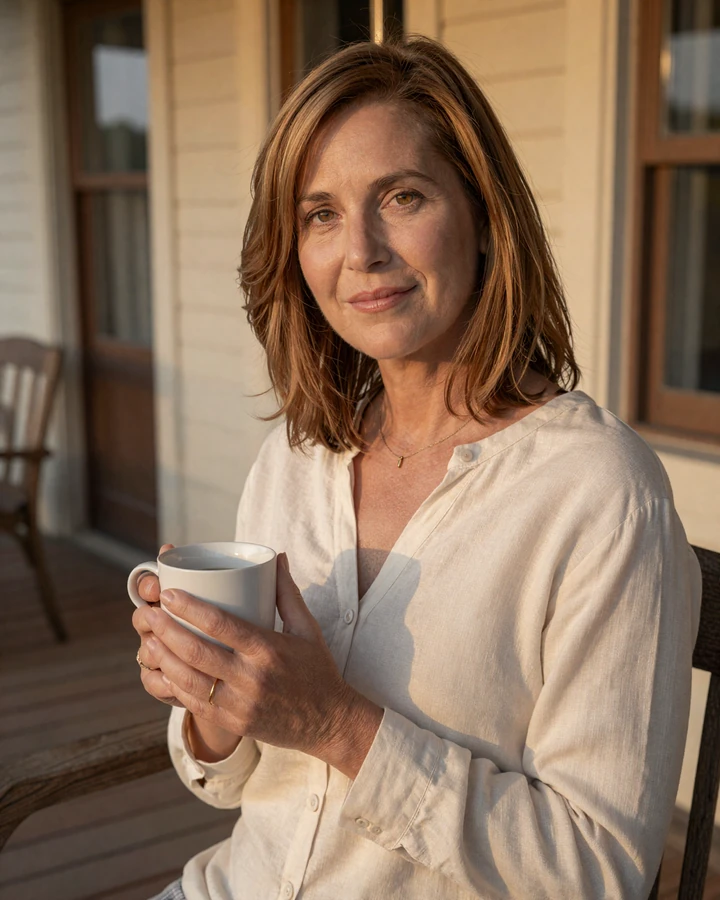 Margaret, a 52-year-old SendBerly member, smiling on her porch in warm golden-hour light